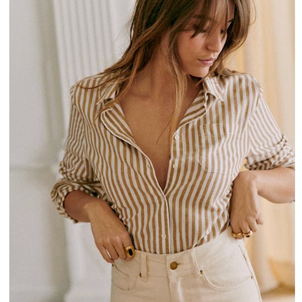 SEZANE Tomboy Shirt Button Down Linen Cotton Ecru Camel Stripe Sz 34 / XS {LL37}